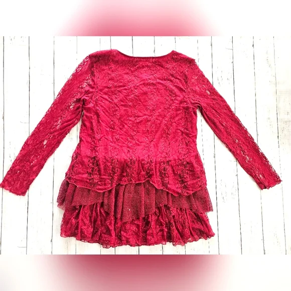 Indigo Soul Burgundy Wine Lace Sequin Flowy Tiered Layered Ruffle Longsleeve Top - Picture 12 of 14